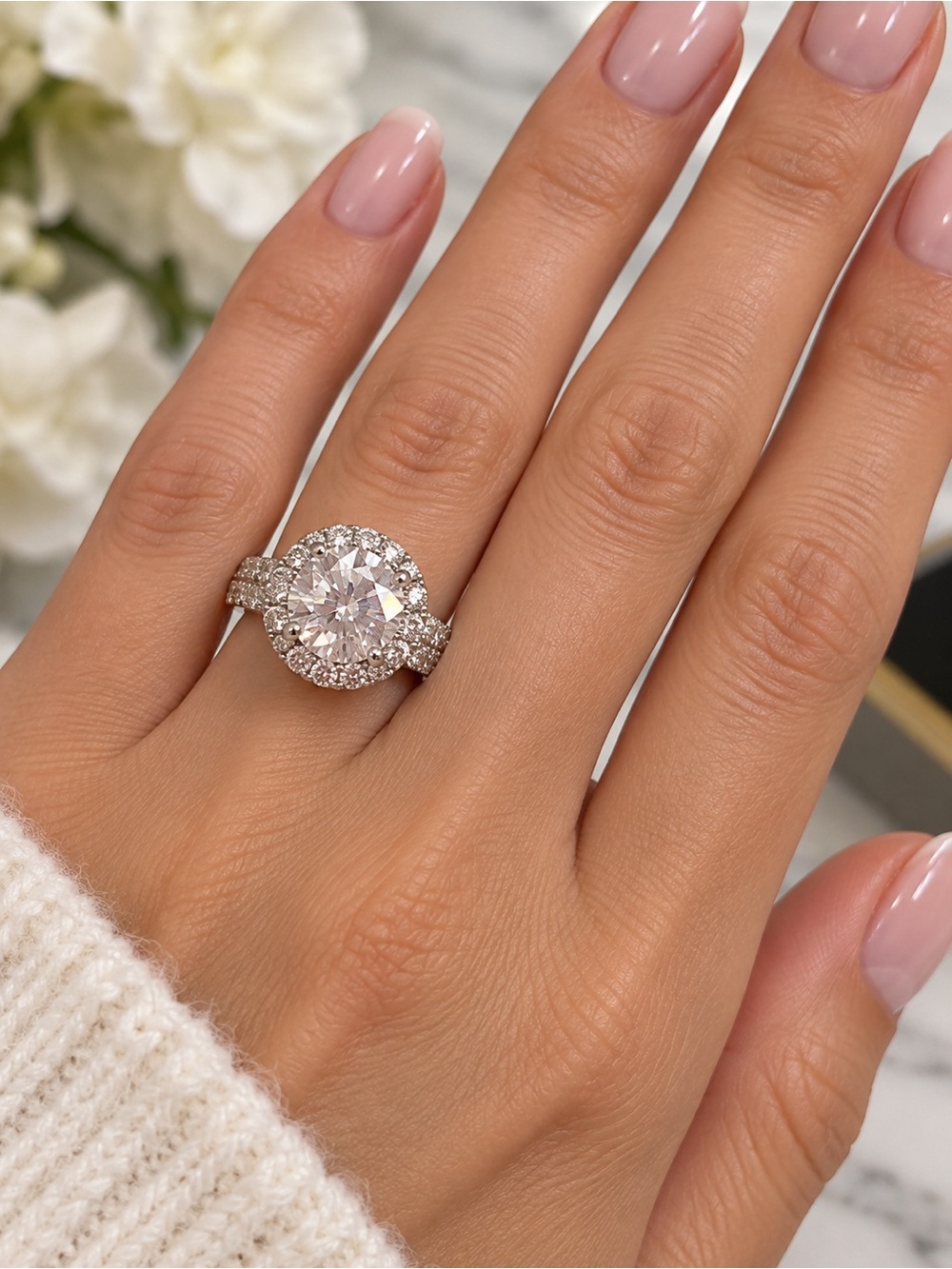 ✨ 4 CT Moissanite Halo Ring – S925 Sterling Silver – Size 6